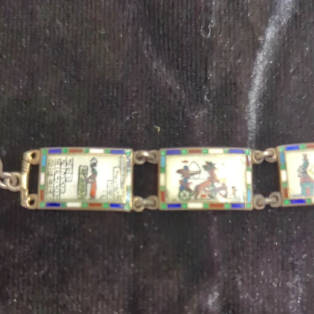 Vintage Egyptian Revival Enamel Panel Bracelet, Est. 1940s–50s